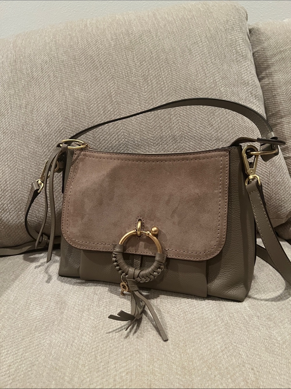 See by Chloe Taupe Suede-Trim Shoulder Bag with Braided Ring Accent